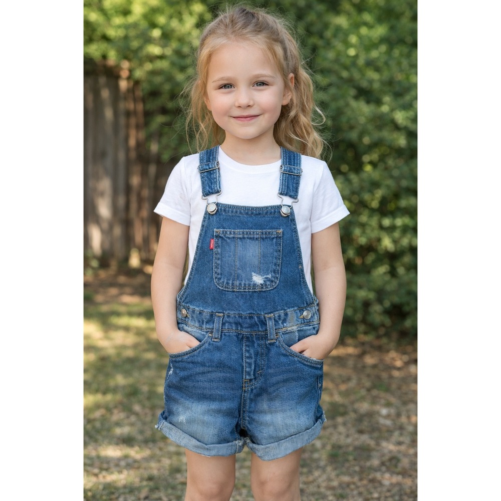 Levis Kids Girls Denim Shortalls Medium Wash Bib Distressed Overalls 6X Shorts
